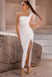 Hvid One Shoulder Bodycon Midi cocktailkjole med slids