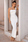 Hvid One Shoulder Bodycon Midi cocktailkjole med slids