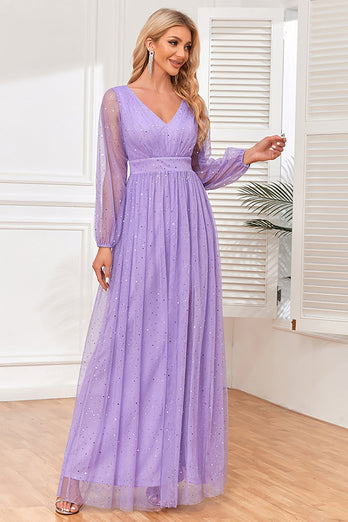 A-Line langærmet lilla formel kjole med slids