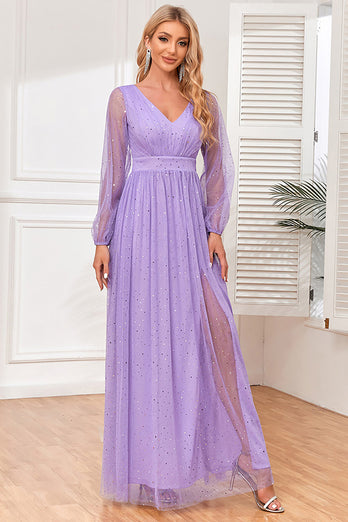 A-Line langærmet lilla formel kjole med slids
