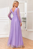 Indlæs billede til gallerivisning A-Line langærmet lilla formel kjole med slids