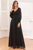 Indlæs billede til gallerivisning Glitter A-Line langærmet sort brudemorkjole med slids