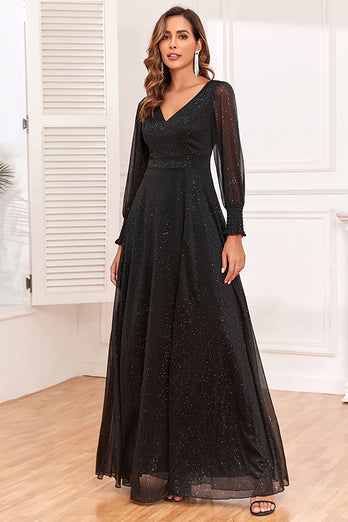 Glitter A-Line langærmet sort brudemorkjole med slids