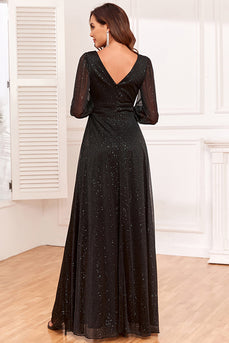 Glitter A-Line langærmet sort brudemorkjole med slids