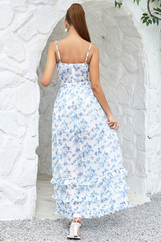 Blomstertrykt blå formel kjole med slids