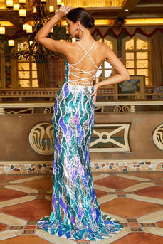 Multicolor pailletgrime åben ryg havfrue formel kjole