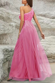 Glitrende En skulder Pink Galla Dress med pailletter