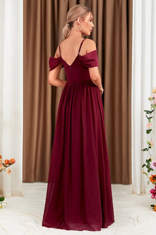 A-Line Cold Shoulder Bourgogne formel kjole med slids