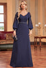 Indlæs billede til gallerivisning A-Line langærmet marineblå brudemor kjole med perler
