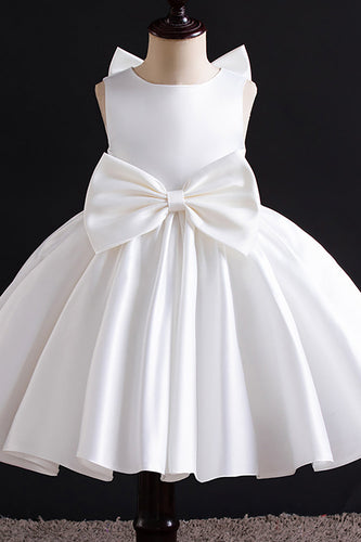 Hvid A Line plisseret satin pige kjole med bowknot