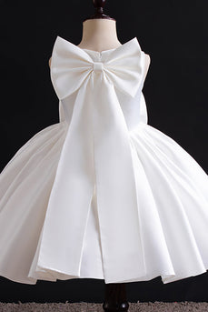 Hvid A Line plisseret satin pige kjole med bowknot