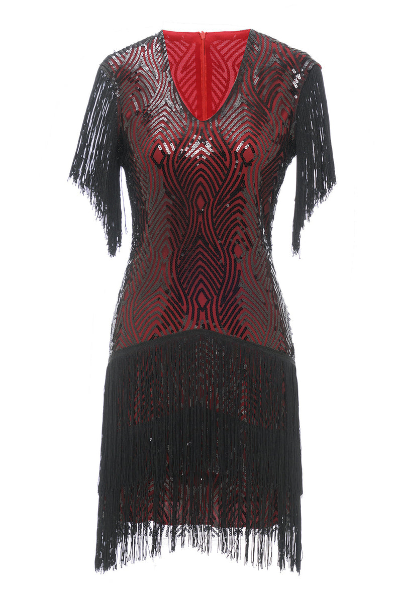 Indlæs billede til gallerivisning Sort rød V hals 1920&#39;erne Party Dress