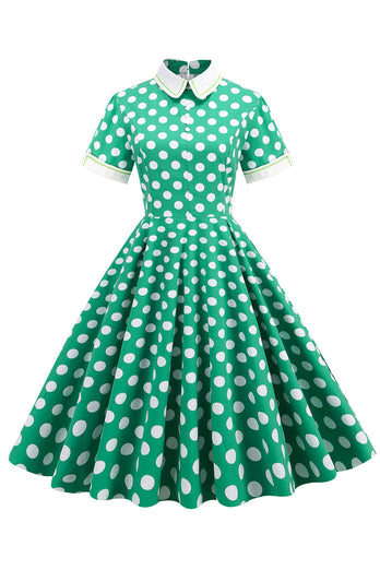 Grøn Hvid Dot Vintage Kjole med korte ærmer