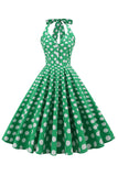 Grøn Halter Polka Dots 1950'erne Kjole