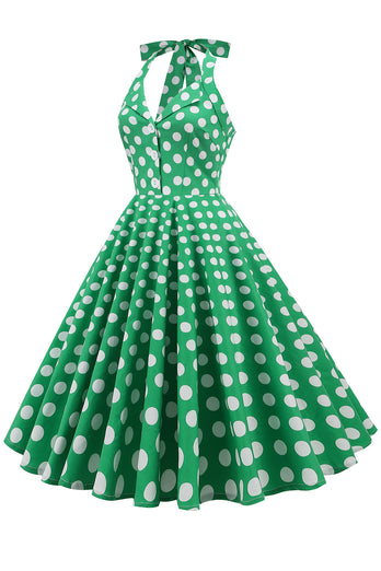 Grøn Halter Polka Dots 1950'erne Kjole