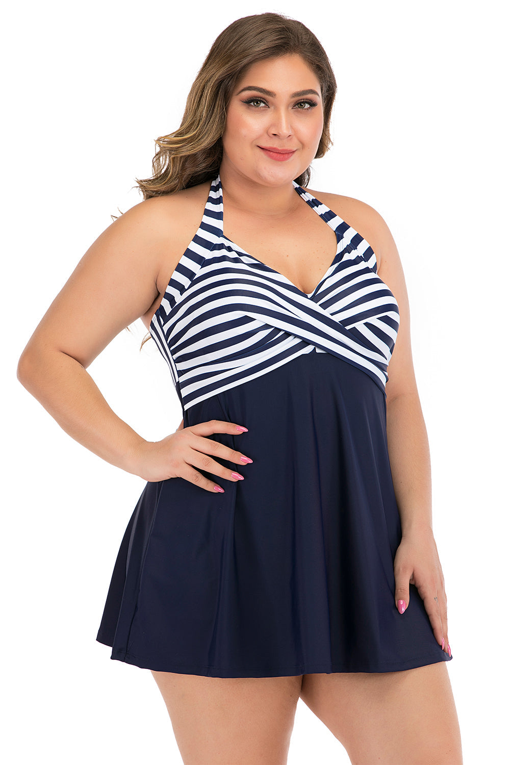 Plus size sort og hvid stribet badetøj