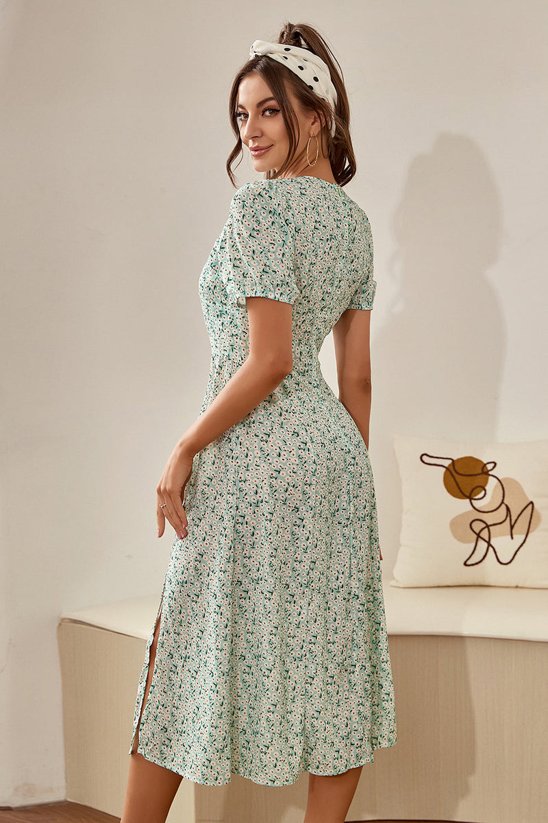 Indlæs billede til gallerivisning Blomstret lysegrøn 1950&#39;erne Vintage Kjole med ærmer