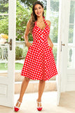 Hepburn stil halter hals rød knap polka prikker 1950'erne kjole