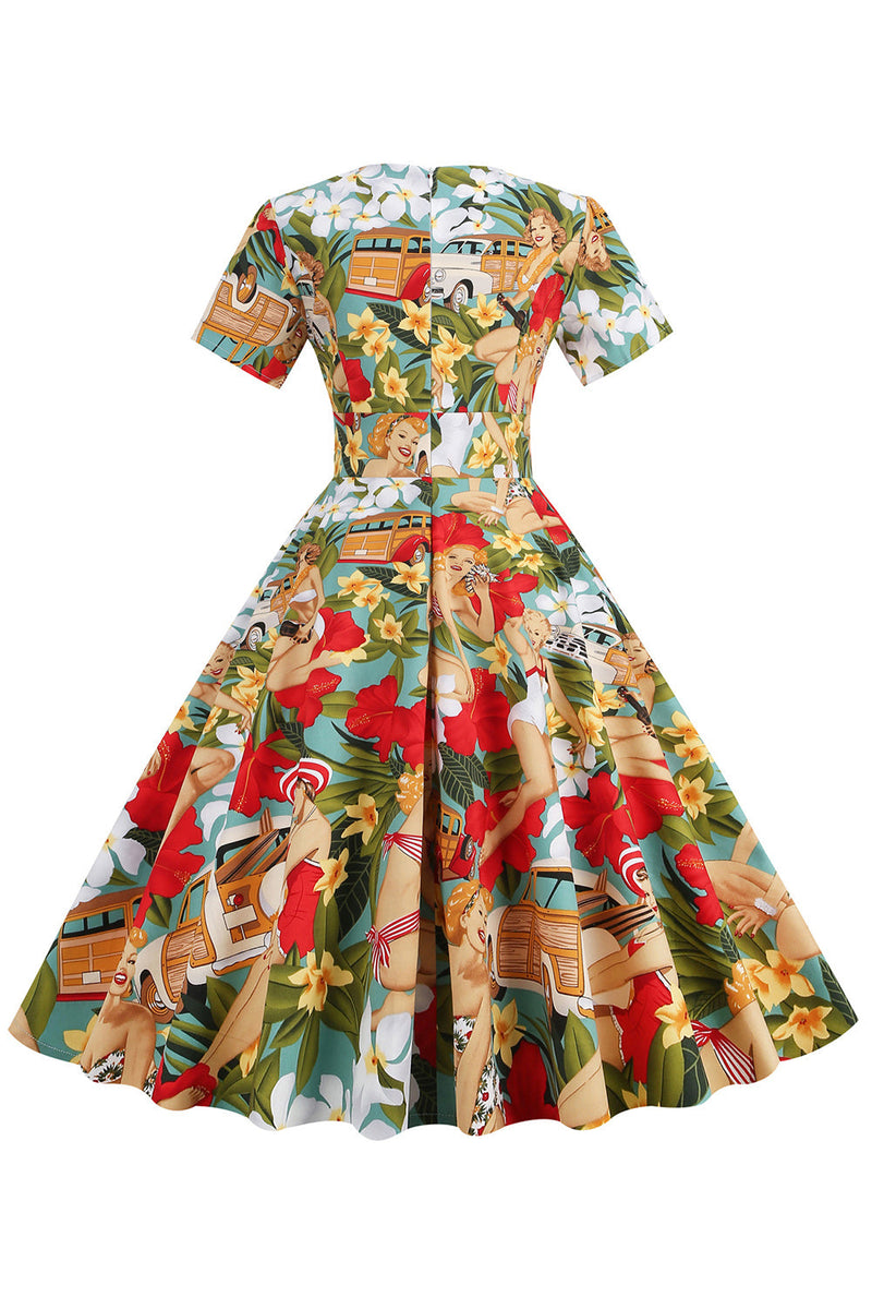 Indlæs billede til gallerivisning Gul og grøn floral vintage 1950&#39;er kjole med ærmer