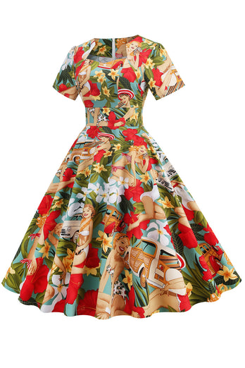 Gul og grøn floral vintage 1950'er kjole med ærmer