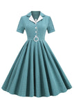 Vintage V Hals Blå Plaid 1950'erne Kjole