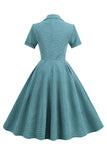 Vintage V Hals Blå Plaid 1950'erne Kjole