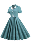 Vintage V Hals Blå Plaid 1950'erne Kjole