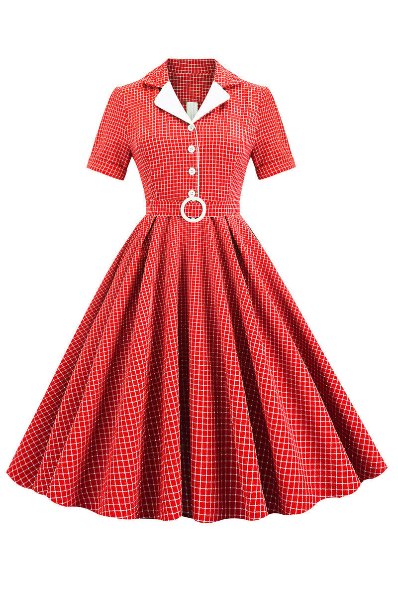 Indlæs billede til gallerivisning Retro stil Rød Plaid 1950&#39;erne Kjole