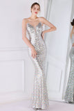 Sølv Pink Sequined Spaghetti Straps Mermaid Prom Kjole
