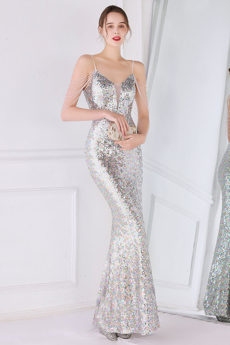 Indlæs billede til gallerivisning Sølv Pink Sequined Spaghetti Straps Mermaid Prom Kjole