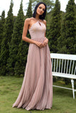 Blush Halter Sparkly Prom Kjole med flæser