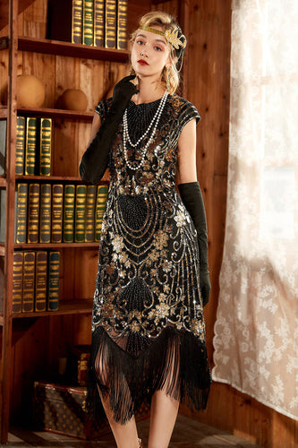 Luksuriøs sort pailletter 1920'er kjole med kvast