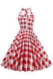 Rød Plaid Halter Gyngekjole fra 1950'erne