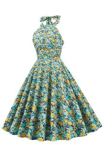 Blå gul blomstergrire pin up kjole