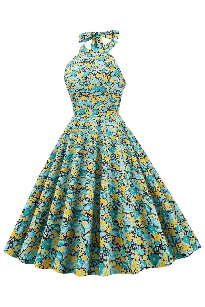 Indlæs billede til gallerivisning Blå gul blomstergrire pin up kjole