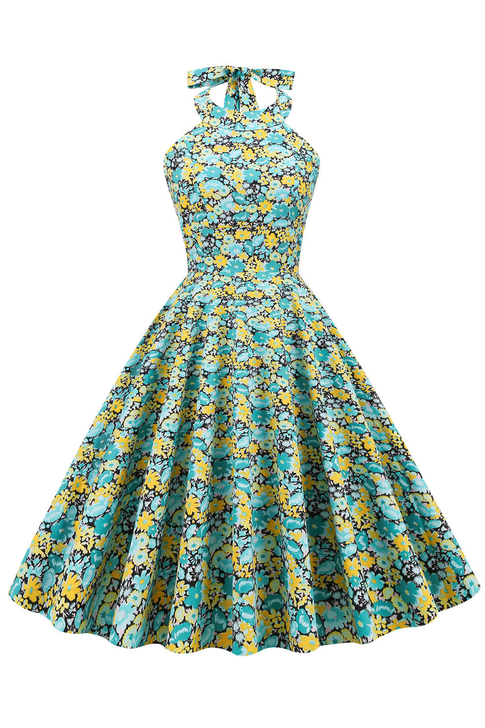 Blå gul blomstergrire pin up kjole