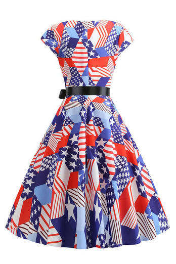 Amerikansk flag trykt retro kjole med sløjfe