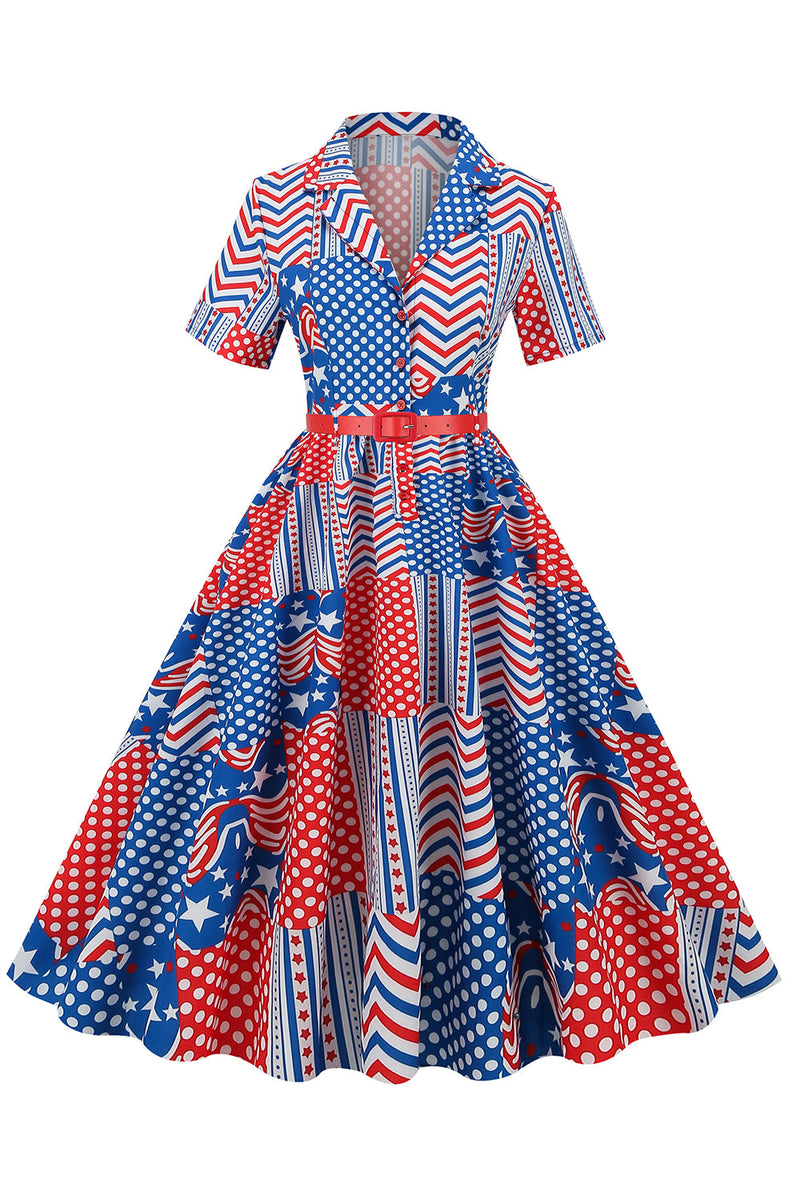 Indlæs billede til gallerivisning V Hals Amerikansk Flag Trykt Vintage Kjole