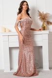 Rose Pink Off The Shoulder Sequined Party Dress med kvaster