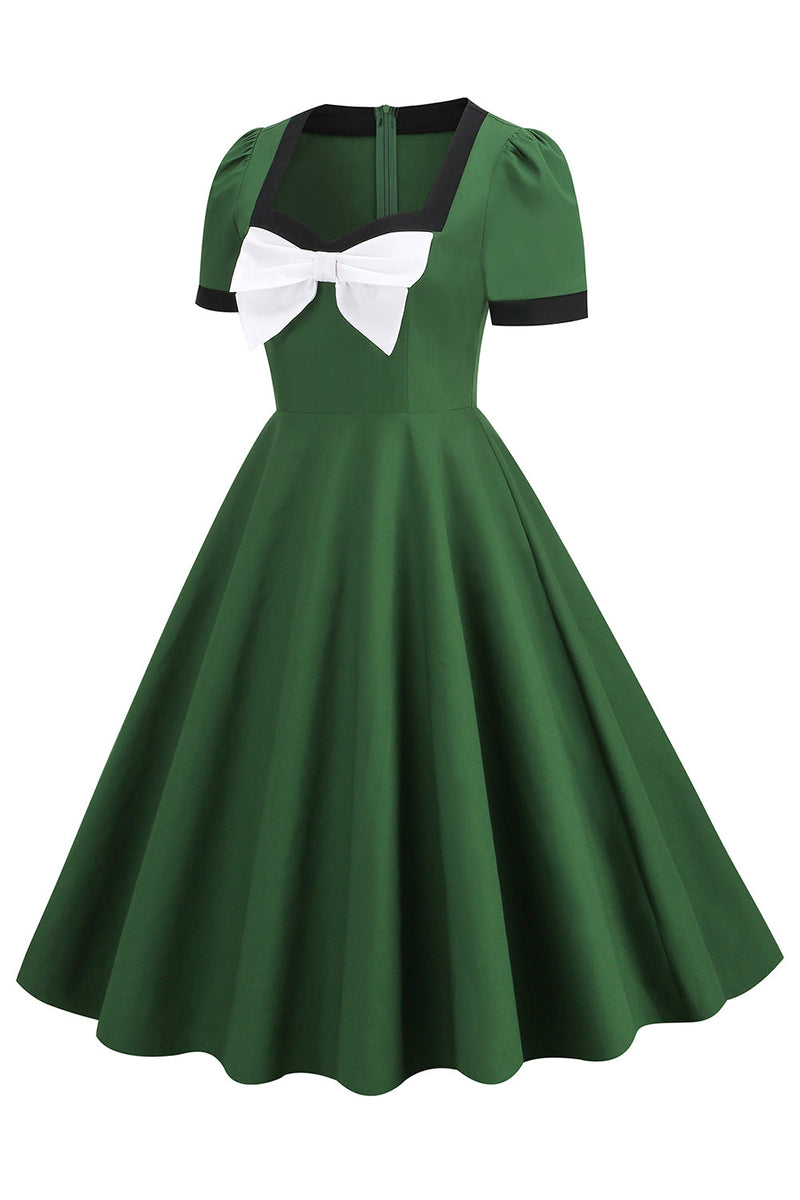 Indlæs billede til gallerivisning Mørkegrøn Swing 1950&#39;er Kjole med sløjfe