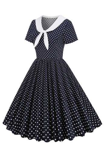 Sort og hvid Polka Dots Vintage 1950'erne Kjole med sløjfe