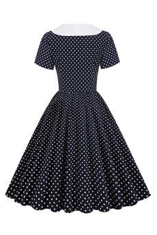 Sort og hvid Polka Dots Vintage 1950'erne Kjole med sløjfe