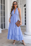 Blå Plaid Boho Maxi Sommerkjole