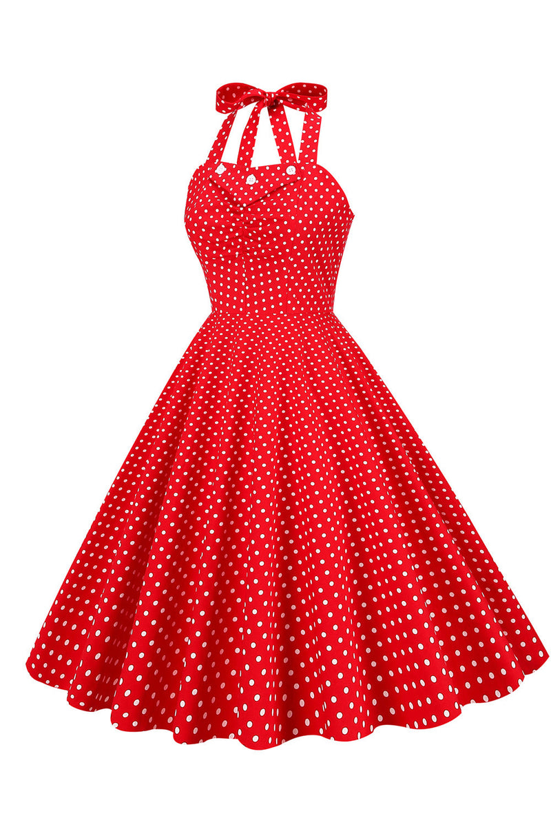 Indlæs billede til gallerivisning Retro stil Halter Red Polka Dots 1950&#39;erne Kjole