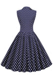 Navy V-Neck Polka Dots 1950'erne Swing Kjole