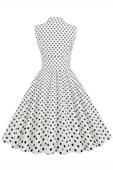 Hvid Polka Dots Revers Neck 1950'erne Kjole