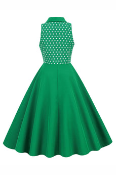 Grøn revers hals Polka Dots Swing 1950'erne Kjole