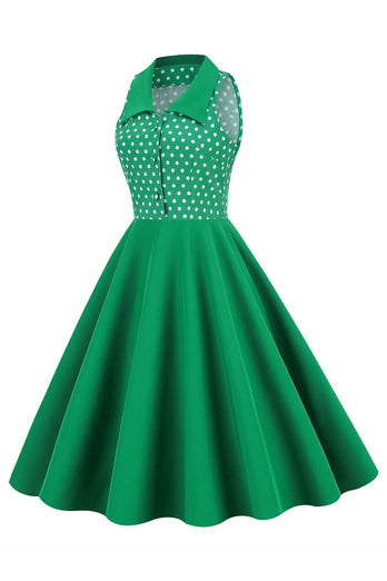 Grøn revers hals Polka Dots Swing 1950'erne Kjole