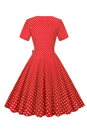 Hepburn Red Polka Dots Print Vintage Kjole med Bælte