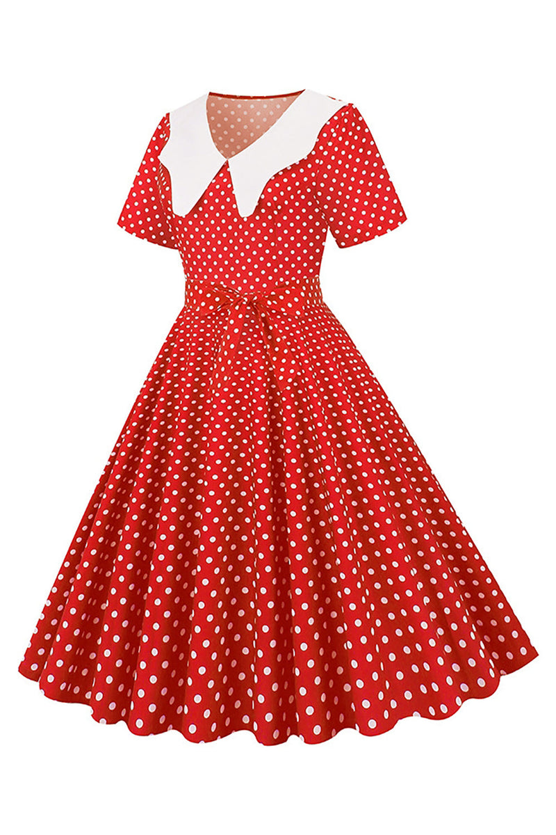 Indlæs billede til gallerivisning Hepburn Red Polka Dots Print Vintage Kjole med Bælte